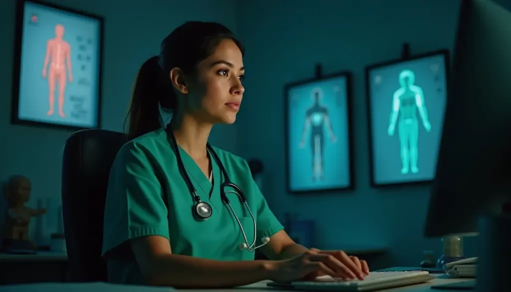 Profissional de saúde analisando imagens de exames médicos em computador no laboratório de diagnóstico, representando tecnologia avançada na medicina.