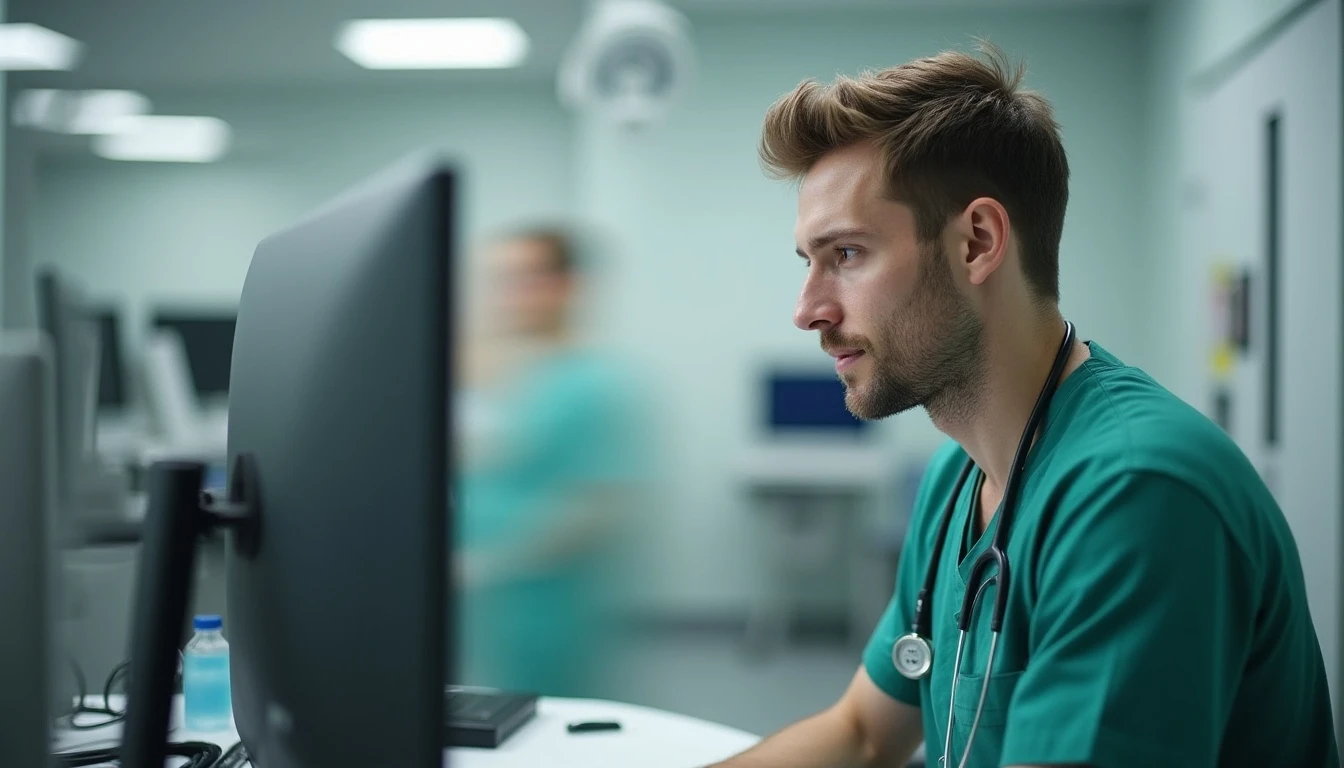 Profissional de saúde dedicado trabalha com foco e produtividade em ambiente hospitalar moderno usando computador.