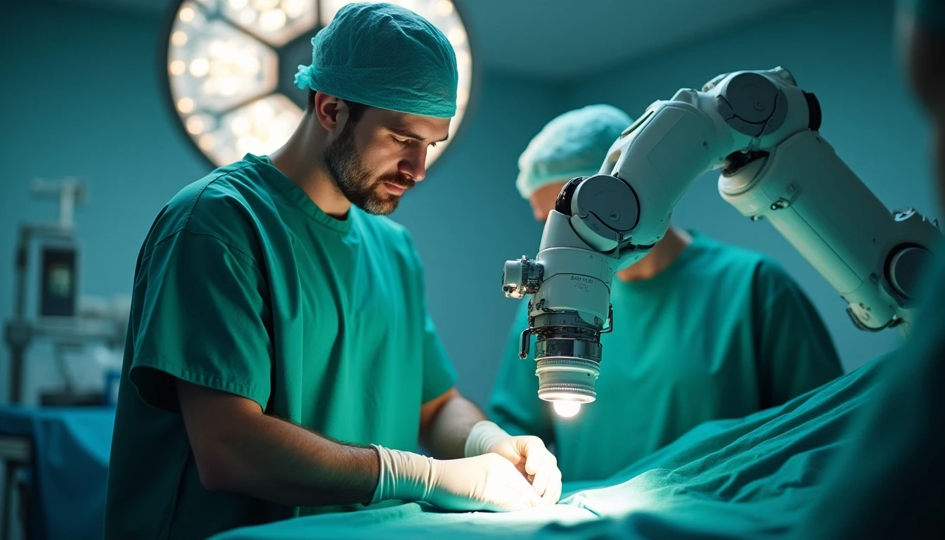 Cirurgião utilizando tecnologia com inteligência artificial em um procedimento médico complexo, com equipamento avançado e robôs assistentes no ambiente hospitalar.