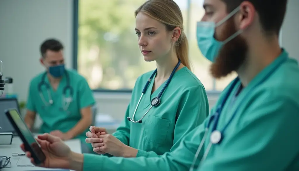 Equipe médica em ambiente hospitalar usando tecnologia moderna que remete à Inteligência Artificial para aprimorar o cuidado com os pacientes.