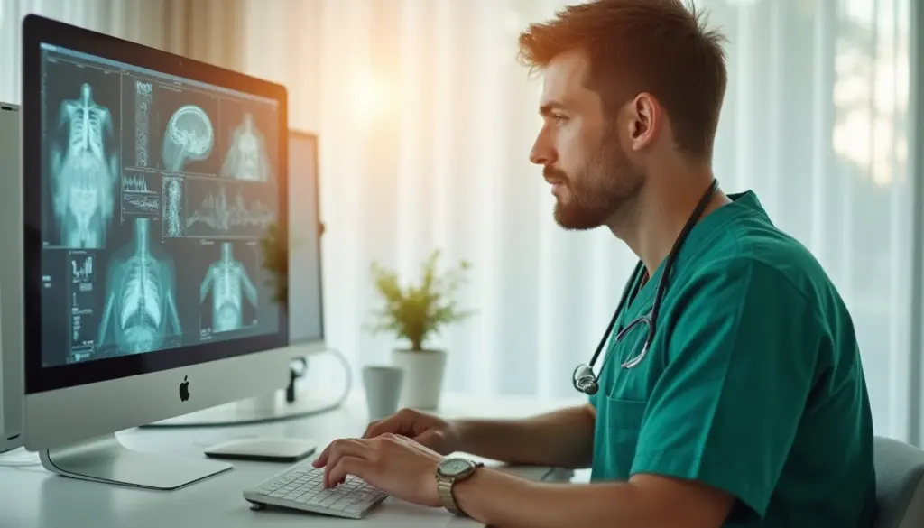 Especialista em saúde analisando imagens de exames médicos no computador, ilustrando o uso de inteligência artificial na área da saúde.