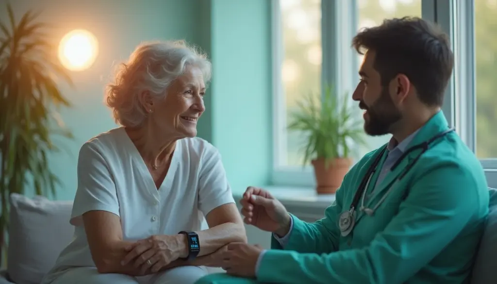 Médico conversando com uma idosa em um ambiente hospitalar, demonstrando o uso de inteligência artificial na área da saúde para melhorar o atendimento ao paciente.
