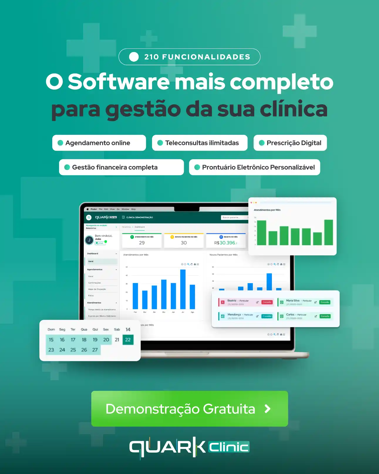 Banner de software para gestão de clínica com texto “O Software mais completo para gestão da sua clínica”, 210 funcionalidades e recursos como agendamento online, teleconsultas, prescrição digital e prontuário eletrônico. Tela de computador e gráficos em destaque, com botão “Demonstração Gratuita” e logo Quark Clínica.