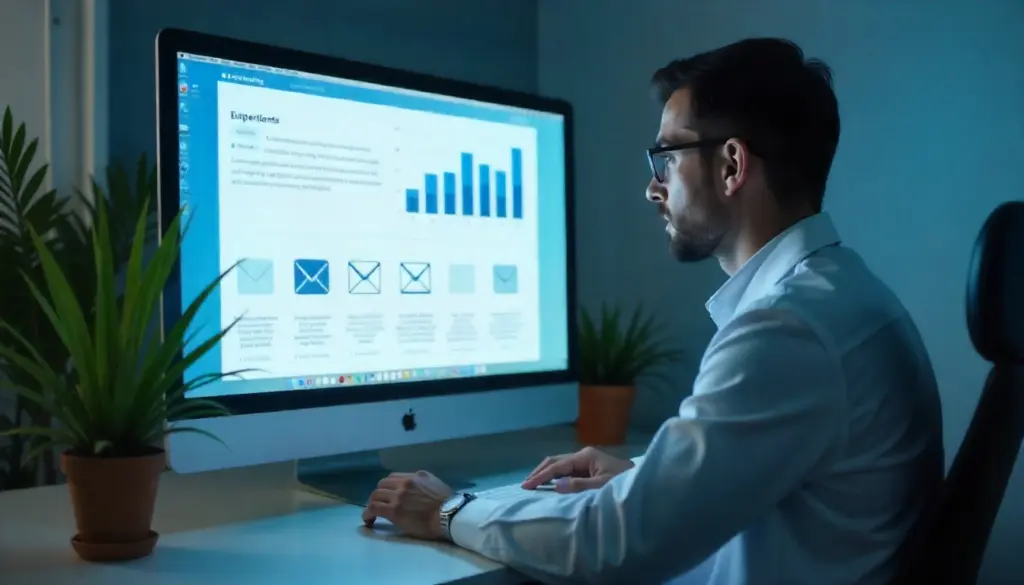 Homem analisa estratégias de e-mail marketing em computador, com gráficos e métricas visíveis na tela, em ambiente de escritório moderno