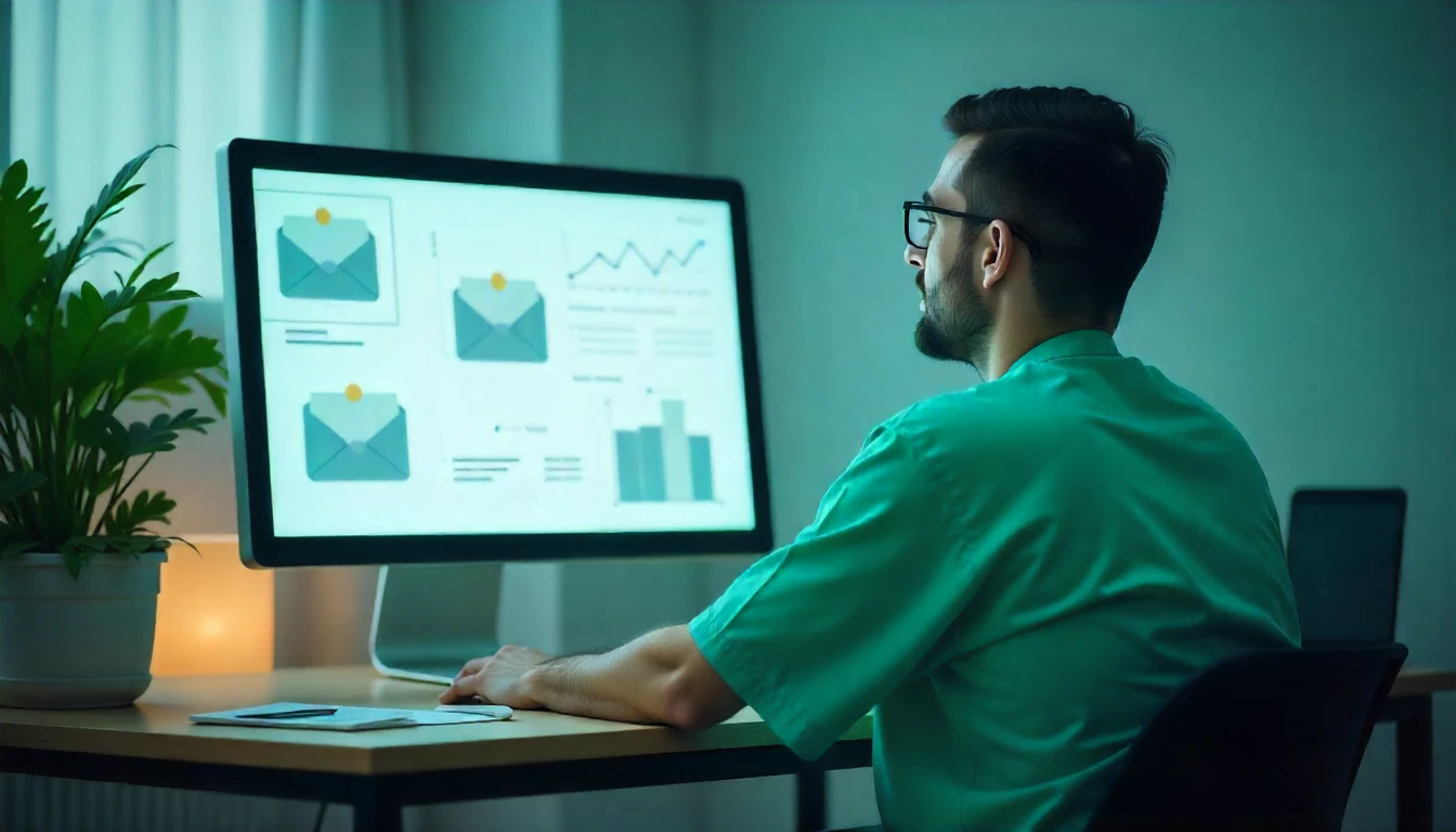 Profissional analisando dados de e-mail marketing em computador, com gráficos de desempenho e estratégia digital, em ambiente de escritório.
