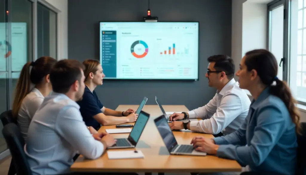 Reunião de equipe de marketing discutindo estratégias de e-mail marketing em uma sala de apresentação com gráficos em um grande monitor.