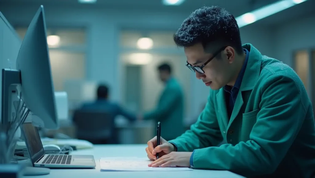 Homem estudando e pesquisando classificação CID 10 em ambiente clínico de saúde, com computador e notebook na mesa de trabalho.