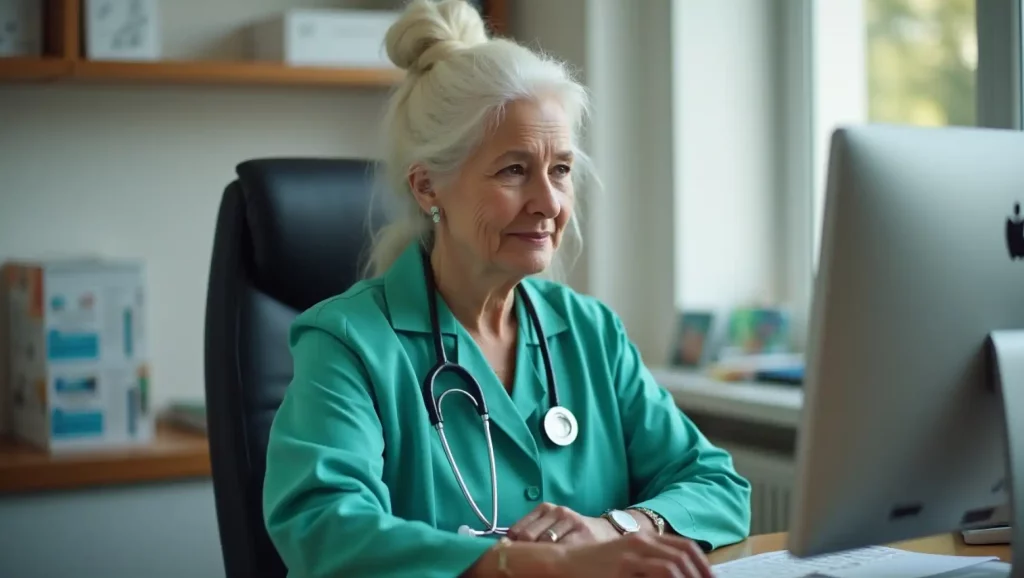 Médica idosa analisando dados médicos em seu computador, simbolizando a importância do Código CID 10 para classificação de doenças.