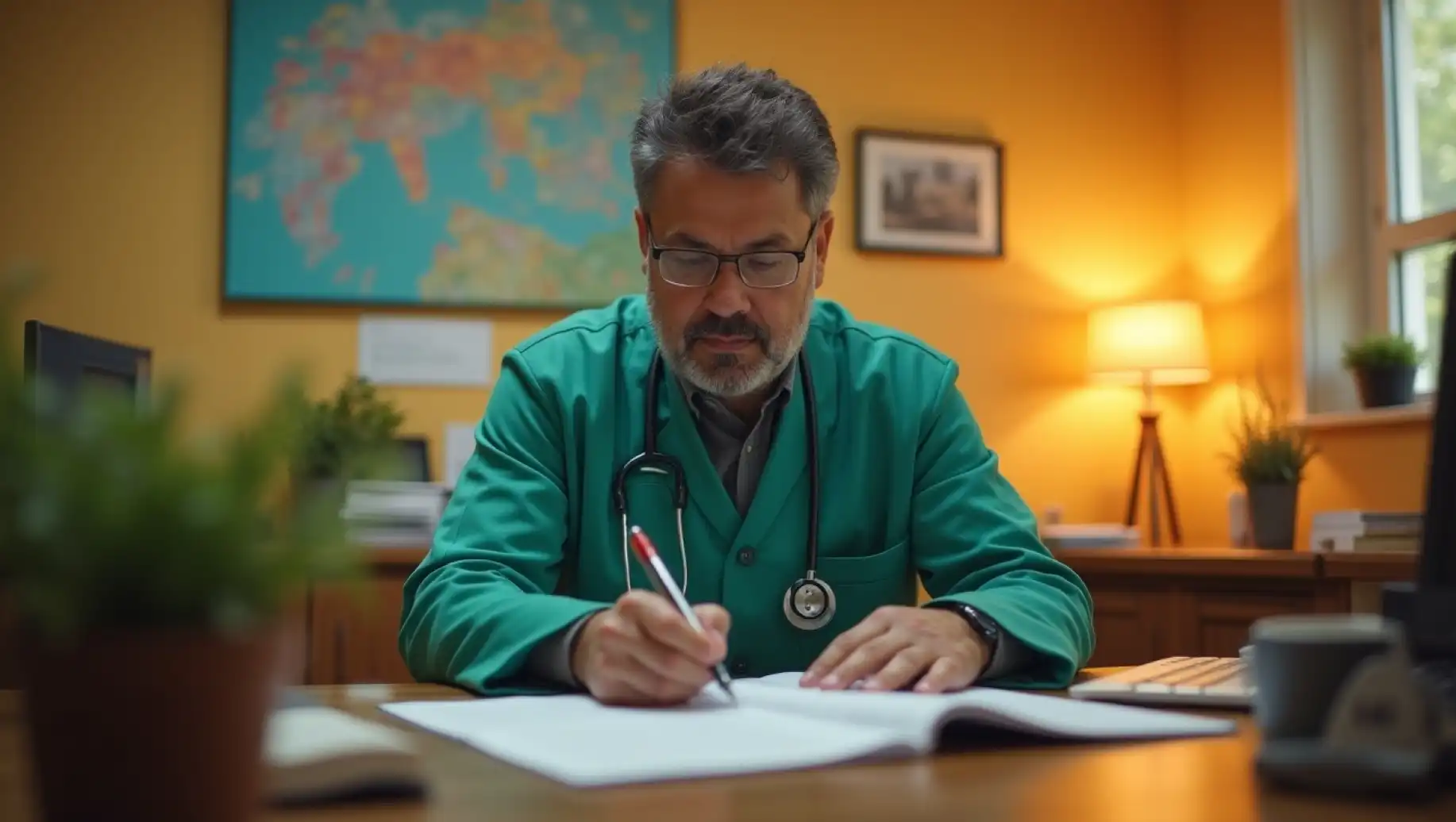Médico analisando documentos no escritório com foco na saúde, relacionado ao CID 10 e classificação de doenças.