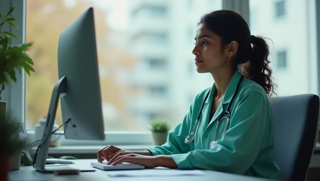Profissional de saúde utilizando computador em consultório, focada na consulta sobre classificação CID 10 para diagnóstico médico.