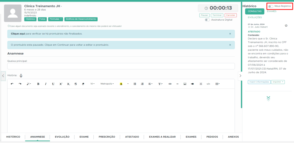 O QuarkClinic agora oferece um filtro que permite aos profissionais de saúde visualizar apenas seus próprios históricos durante o atendimento.