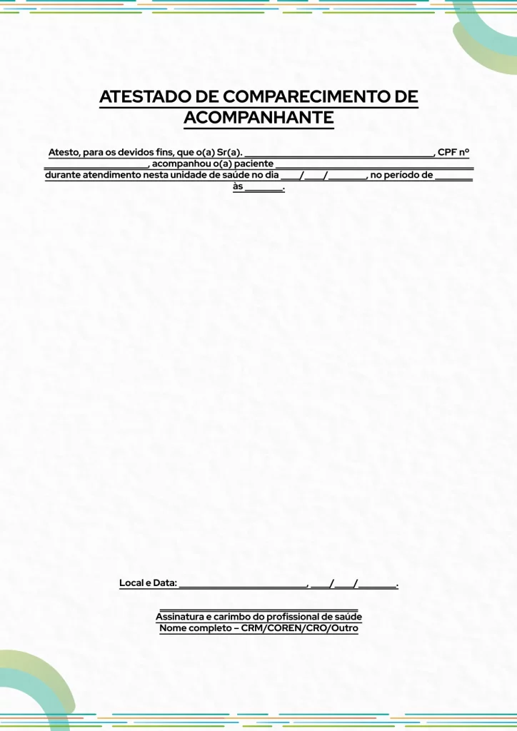 Modelo de atestado de comparecimento para profissionais de saúde, utilizado para comprovar a presença do paciente durante atendimento em unidade de saúde.