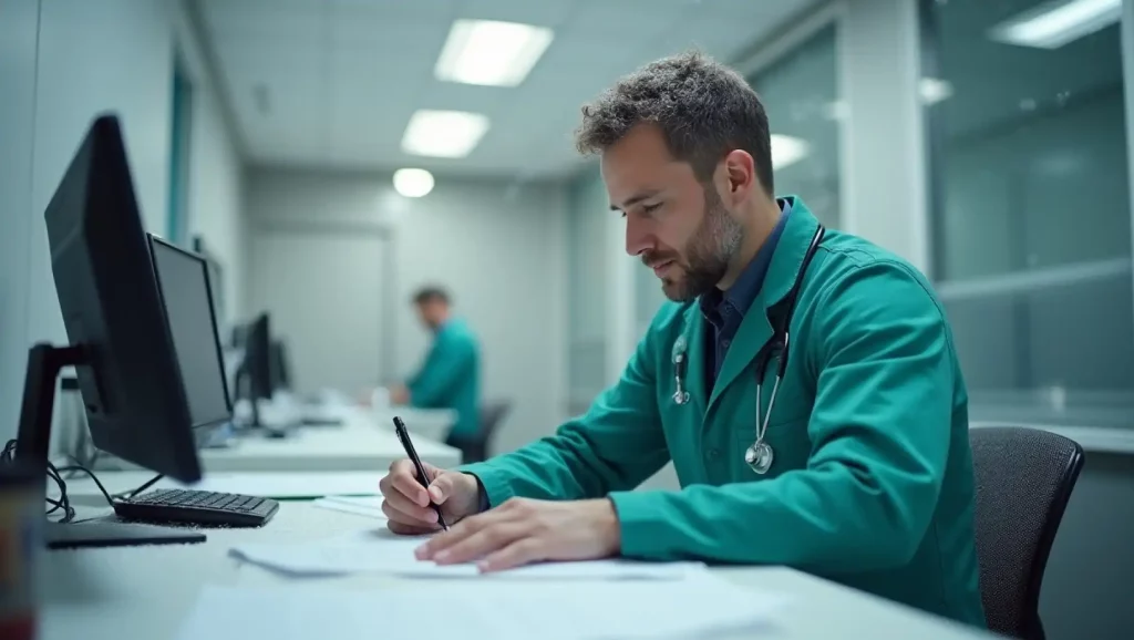 Médico analisando e assinando atestado de comparecimento em ambiente clínico