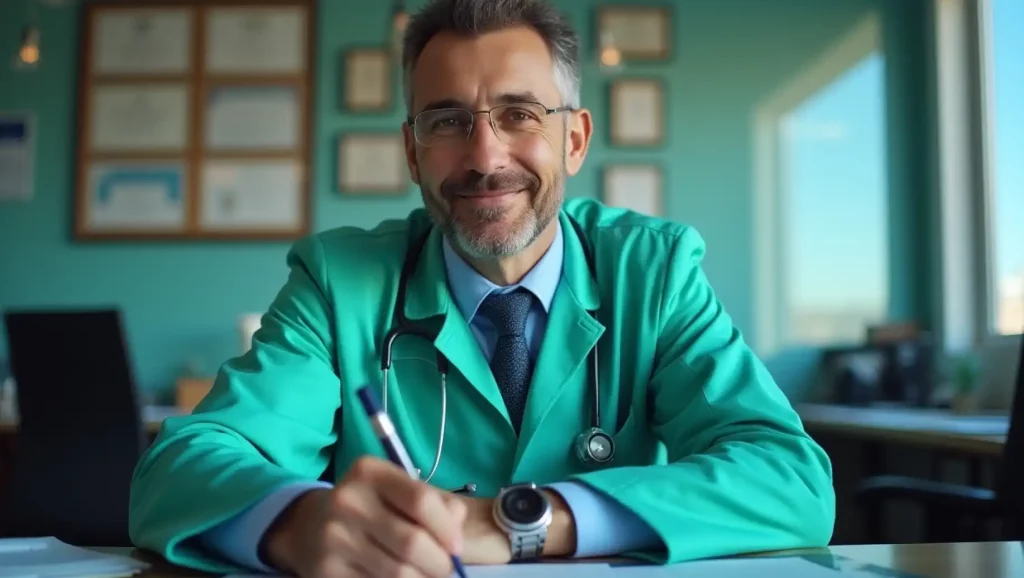 Médico sorridente segurando uma caneta em um consultório, simbolizando emissão de atestado de comparecimento para pacientes.