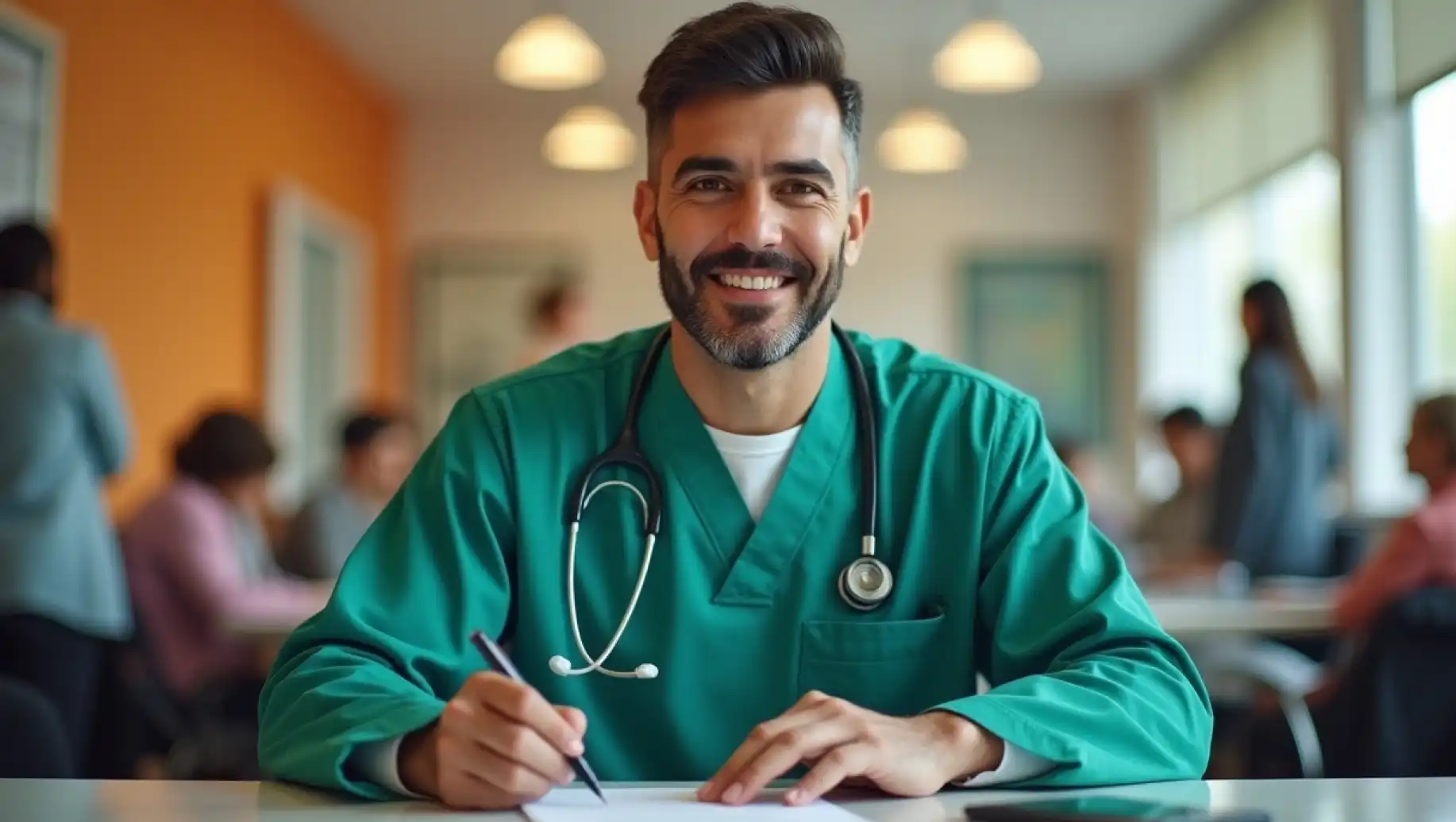 Médico sorridente sentado na clínica, preparando um atestado de comparecimento para o paciente, com ambiente clínico ao fundo.