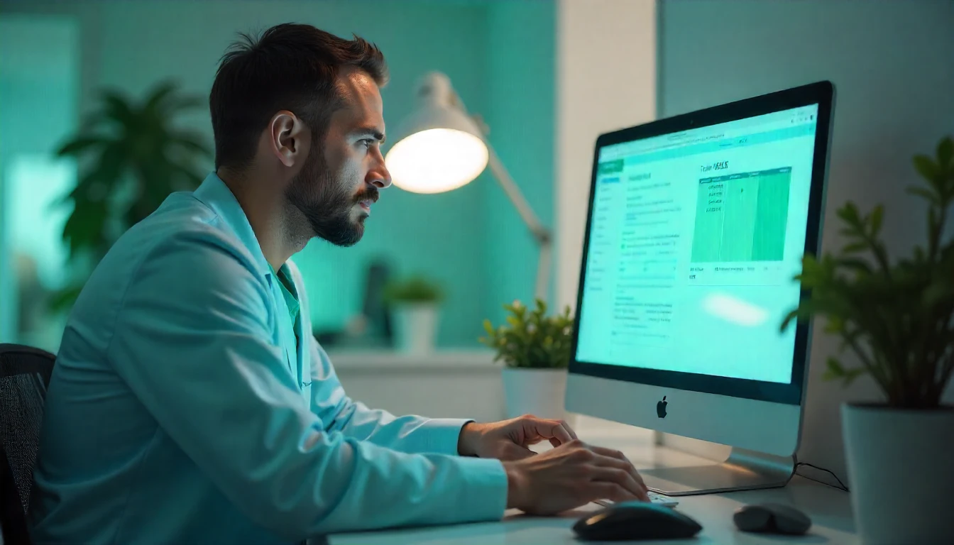Profissional de saúde analisando tabela tuss em computador, destacando a importância da tabela tuss para classificação de tosse, útil para médicos e pacientes.