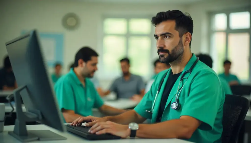 Profissional de saúde analisando uma tabela TUSS em ambiente hospitalar com colegas ao fundo, focado em trabalho de classificação de procedimentos médicos para faturamento.