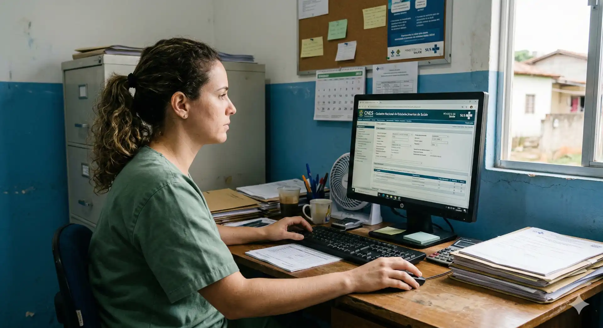 Profissional de saúde realizando cadastro no sistema CNES em seu computador, com documentos e papelada na mesa, importante para regularizar unidades de saúde e obter credenciamento.