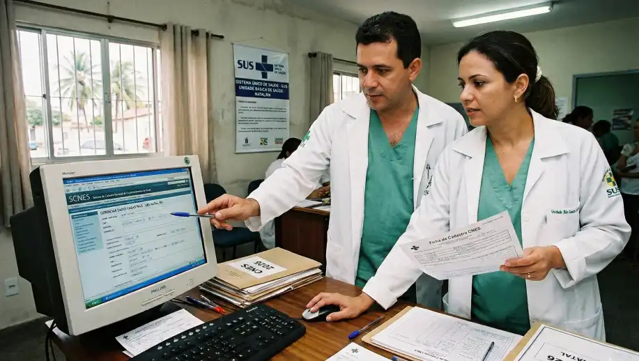 Profissionais de saúde analisando dados no sistema CNES para cadastro e registro de informações no sistema de saúde brasileiro.