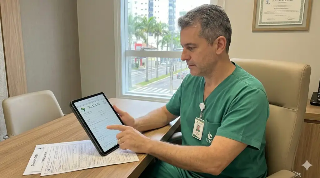 Médico em uniforme verde analisando informações no tablet relacionadas ao cadastro no CNES, importante para o setor de saúde.