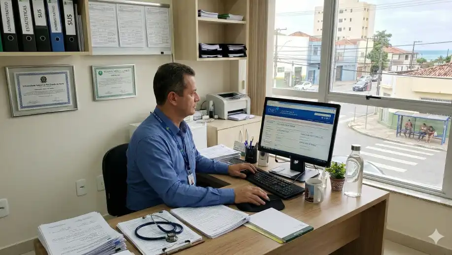 Profissional de saúde realizando cadastro no sistema do CNES em escritório com vista para a rua, explicando a importância do CNES e o processo de cadastro.