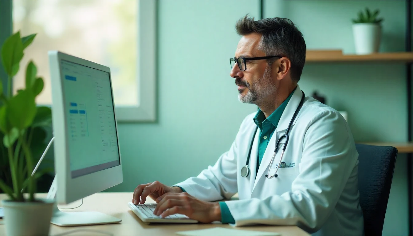 Médico usando computador em ambiente de clínica, representando os melhores softwares e sistemas para clínicas.