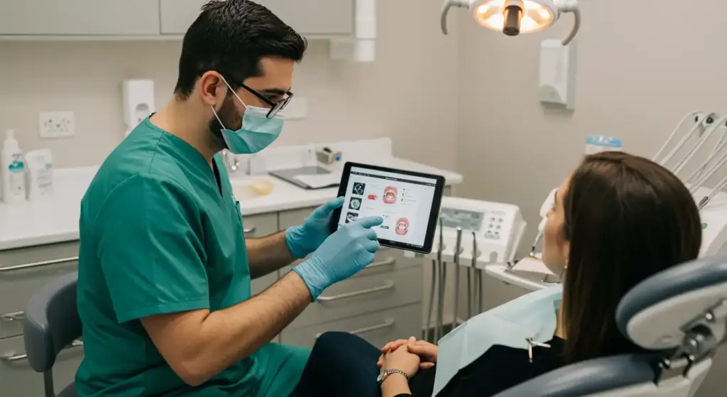 Dentista apresentando resultados de anamnese odontológica em tablet para paciente na clínica odontológica.