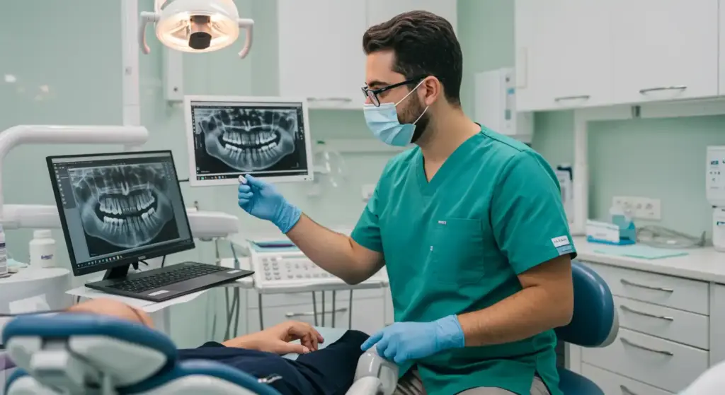 Dentista realizando anamnese odontológica com exame de raios X em paciente no consultório odontológico.