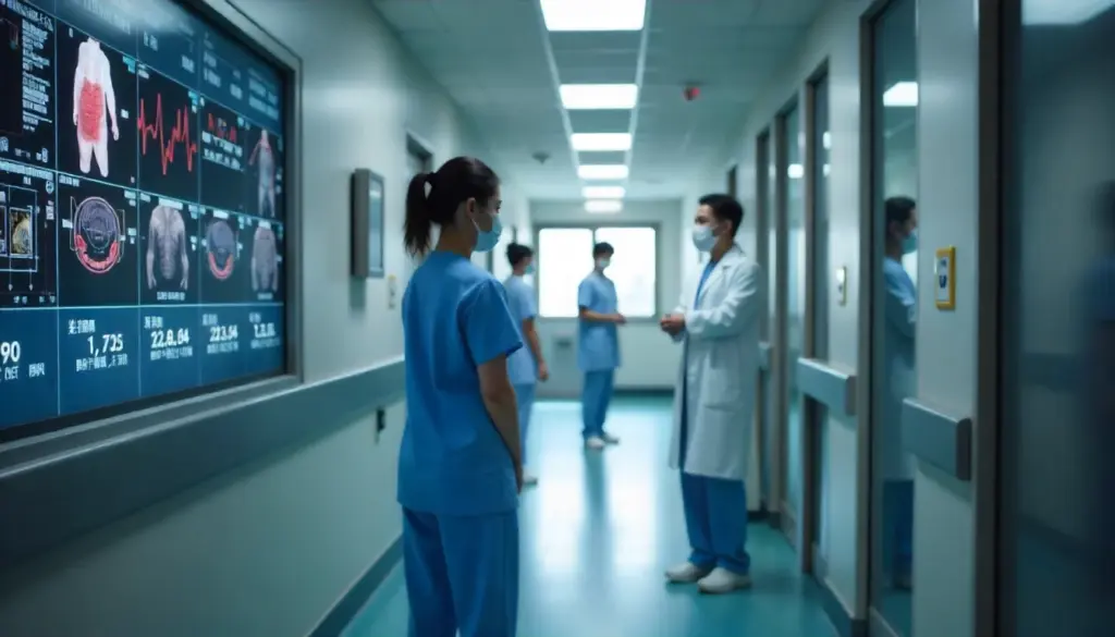 Profissionais de saúde em um hospital usando tecnologia IoT na Medicina, monitorando dados de pacientes através de telas com gráficos e informações médicas.