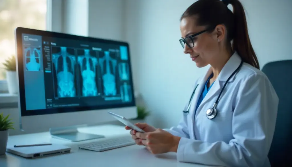 Médica analisando imagens de raios-X em computador, destacando o uso da Internet das Coisas na medicina para diagnósticos precisos.