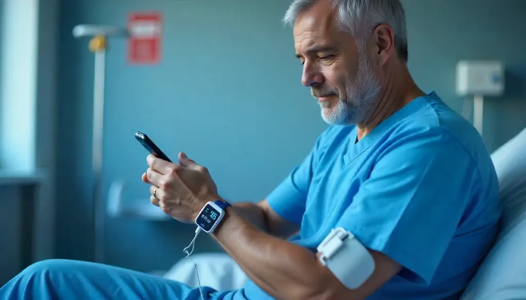 Paciente deitada na cama de hospital usando um smartwatch conectado ao telefone, ilustrando a aplicação do IoT na medicina para monitoramento de saúde.