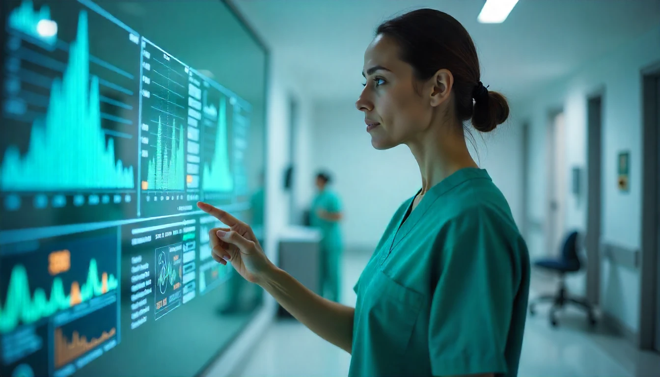 Profissional de saúde interagindo com tecnologia IoT na medicina, monitorando dados médicos em um ambiente hospitalar moderno.