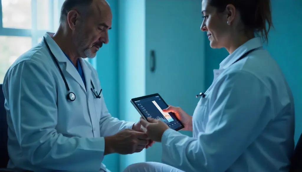 Profissionais de saúde utilizando dispositivos de IoT na medicina, demonstrando avanços tecnológicos na área médica com o uso de Internet das Coisas para monitoramento e diagnósticos.