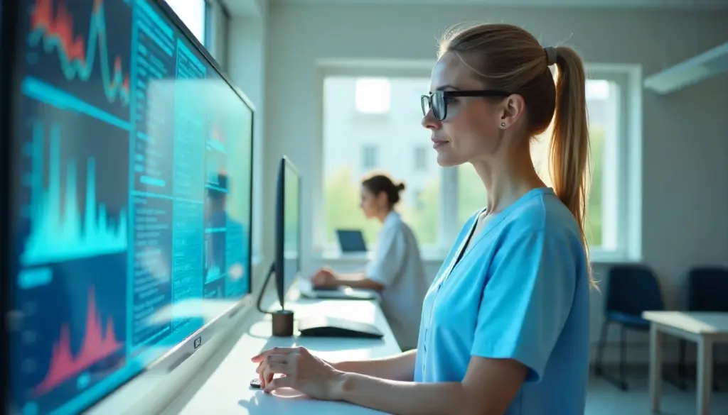 Profissional de saúde analisando dados de IoT na Medicina em um ambiente hospitalar moderno.