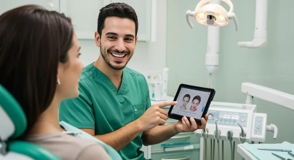 Profissional de odontologia explica para paciente sobre a importância da anamnese odontológica em consultório odontológico moderno.