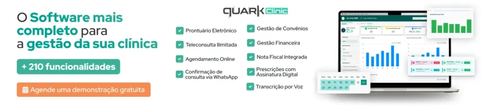 Imagem de um software para gerenciar clínicas com funcionalidades como prontuário eletrônico, teleconsulta, agendamento online, gestão financeira, assinatura digital, transcrição de voz e confirmação via WhatsApp, destacando gráficos e dashboards administrativos.