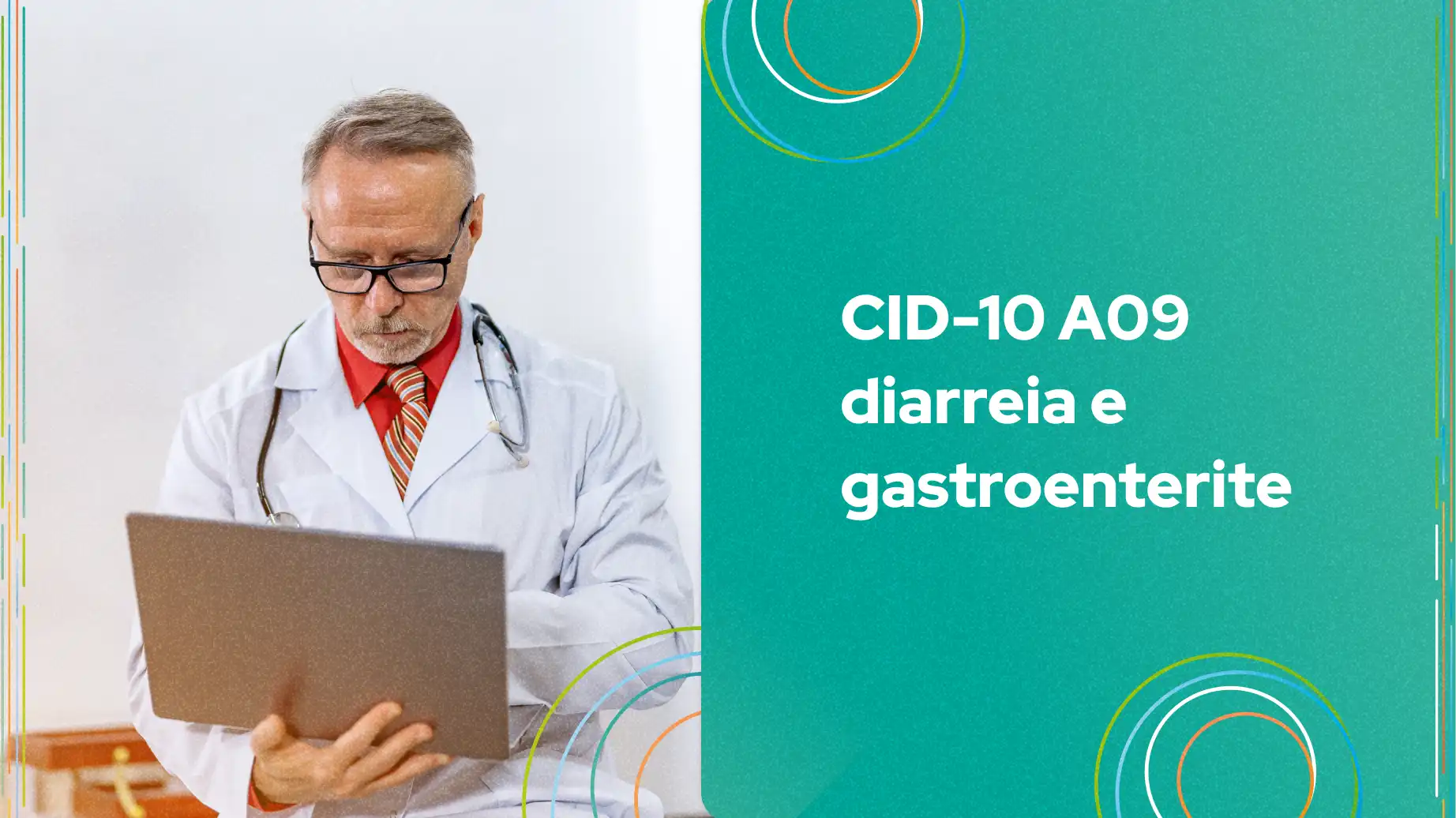 Médico analisando dados sobre CID-10 A09, relacionado à diarreia e gastroenterite, com foco na saúde e atendimento ao paciente.