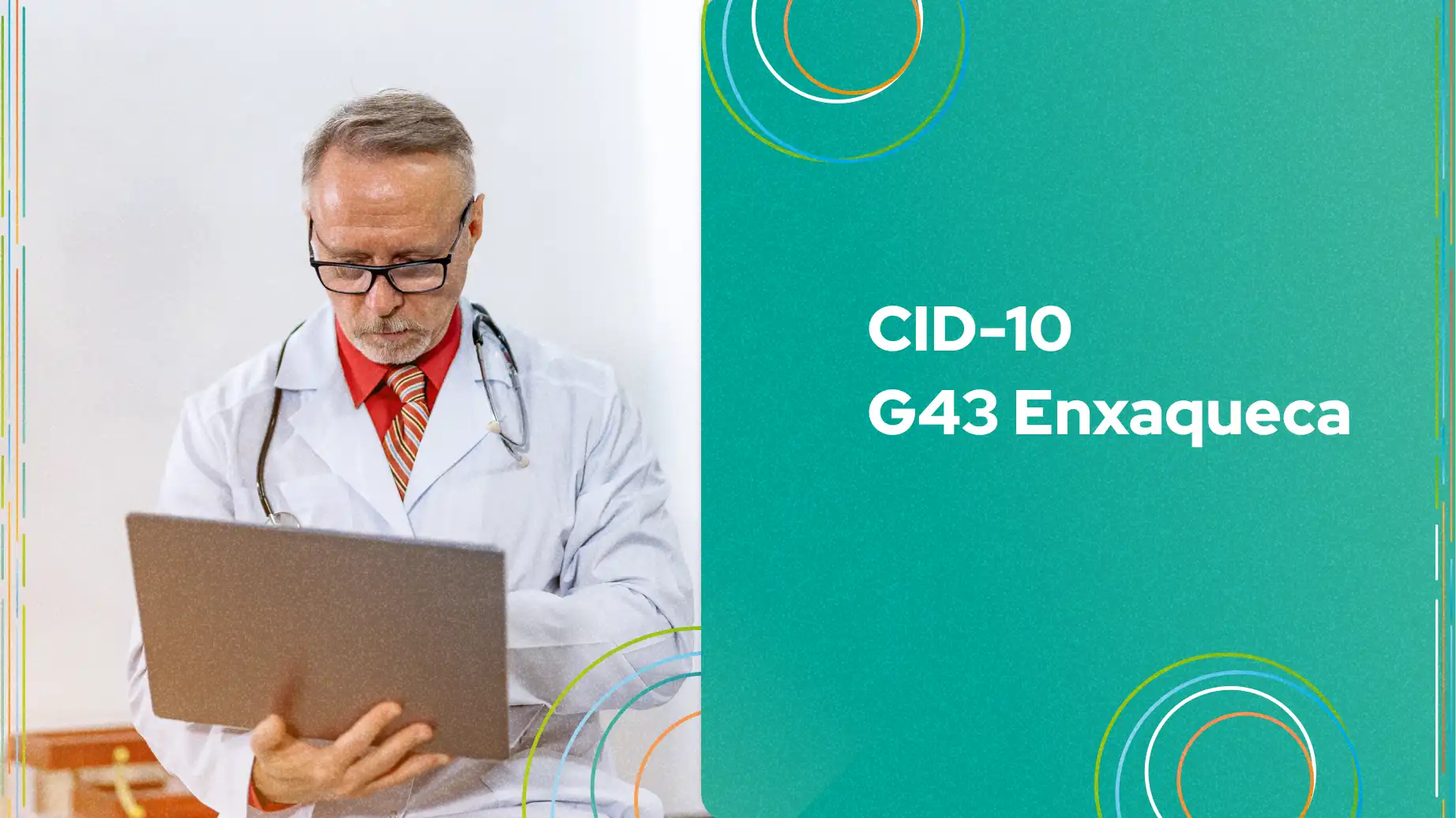 Imagem de um médico analisando informações sobre o CID-10, especificamente a classificação G43 que se refere a enxaquecas. O profissional parece concentrado com um laptop em mãos.