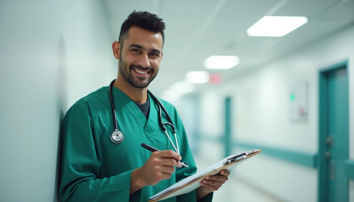 Médico sorridente no hospital, representando cuidado e atenção na classificação CID H90 de problemas auditivos.