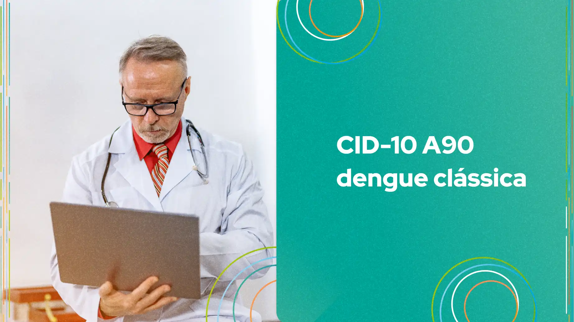 Médico analisando informações sobre dengue clássica, CID-10 A90, utilizando um laptop em ambiente clínico.