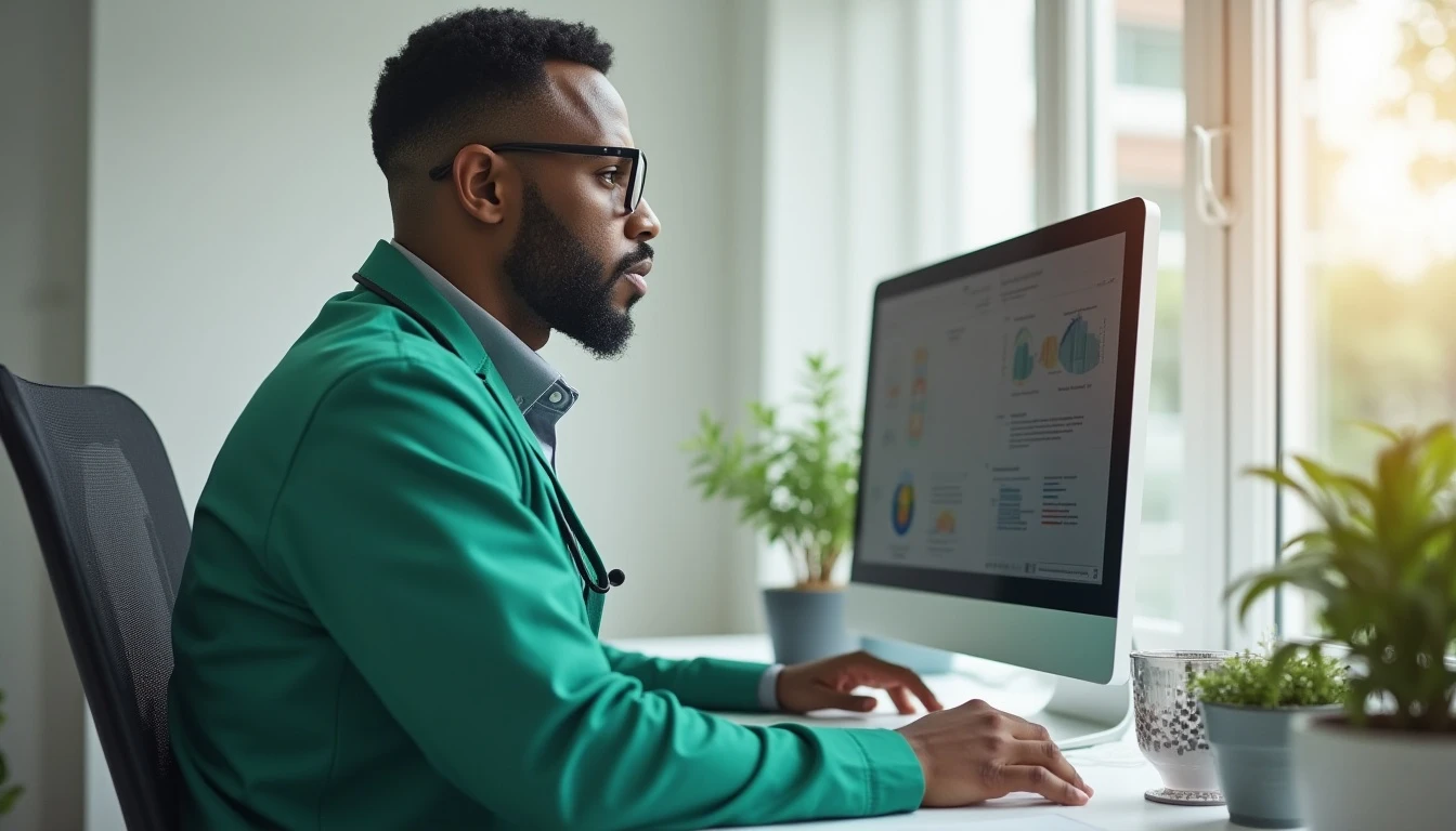 Médico realizando análise de dados em computador, conceito ligado ao CID A09 de doenças relacionadas ao sistema digestivo, na modernidade da saúde com tecnologia.