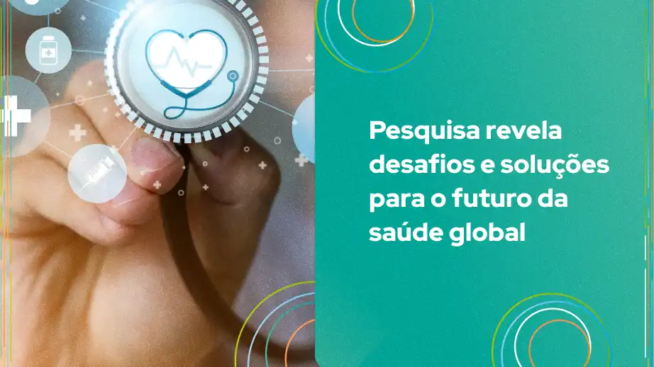 Imagem ilustrativa sobre pesquisa em saúde que revela desafios e soluções para o futuro da saúde global, com ícones de saúde e tecnologia.