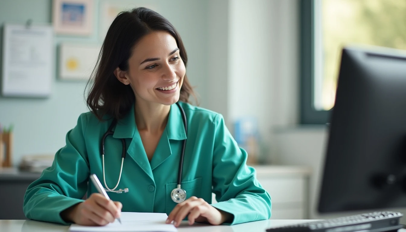 Profissional de saúde sorridente diante de computador, representando cuidados médicos relacionados ao CID I10 para hipertensão arterial.