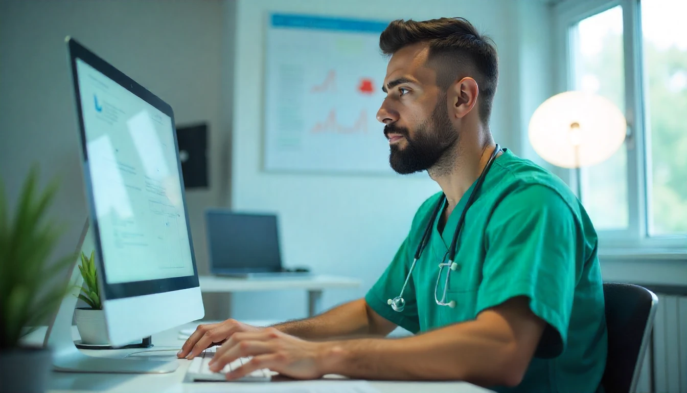 Profissional de saúde usando computador em escritório de clínica médica, com foco na tela, representando atendimento relacionado ao CID G43.