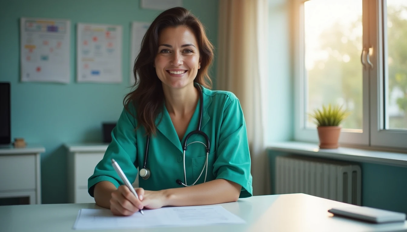 Profissional de saúde sorridente em consultório, dedicada ao atendimento, representando cuidados médicos relacionados ao CID A90, possível diagnóstico de herpes zoster.