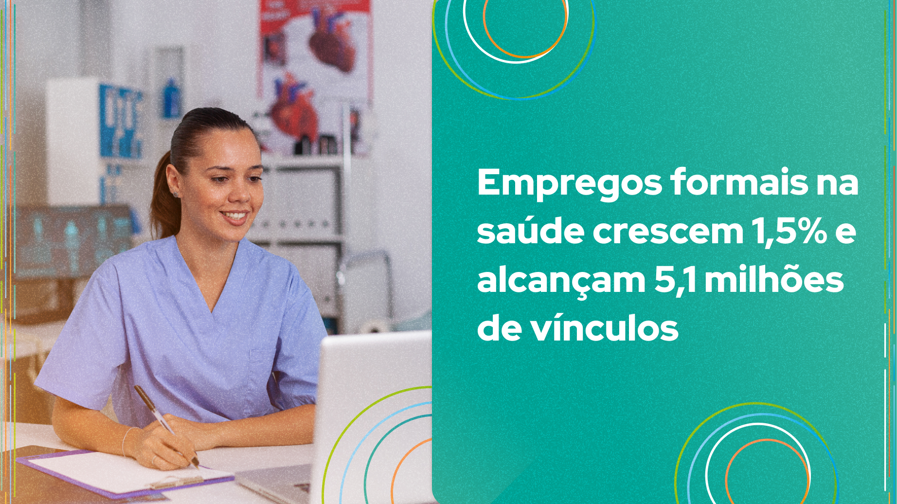 Profissional de saúde trabalhando no computador, destacando crescimento de empregos formais na área da saúde, com 5,1 milhões de vínculos.