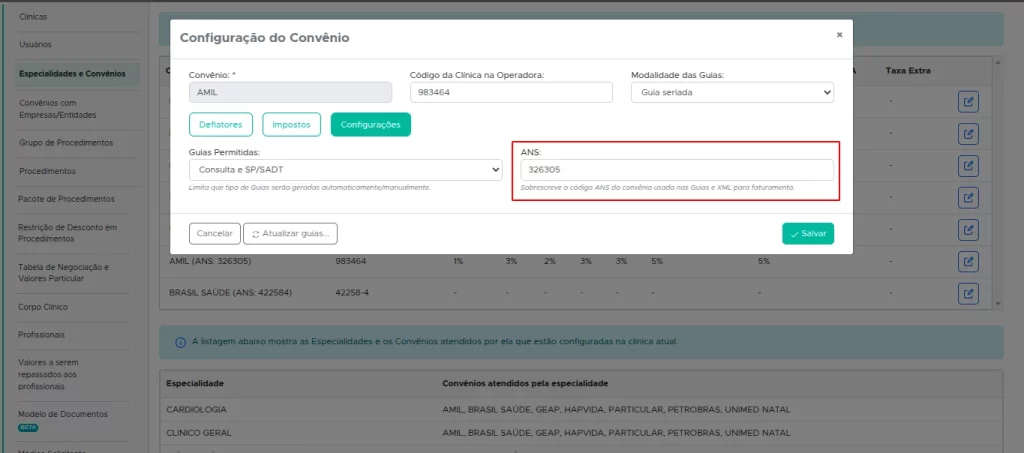 Com essa melhoria, a identificação do código ANS já é feita no momento da configuração do convênio.