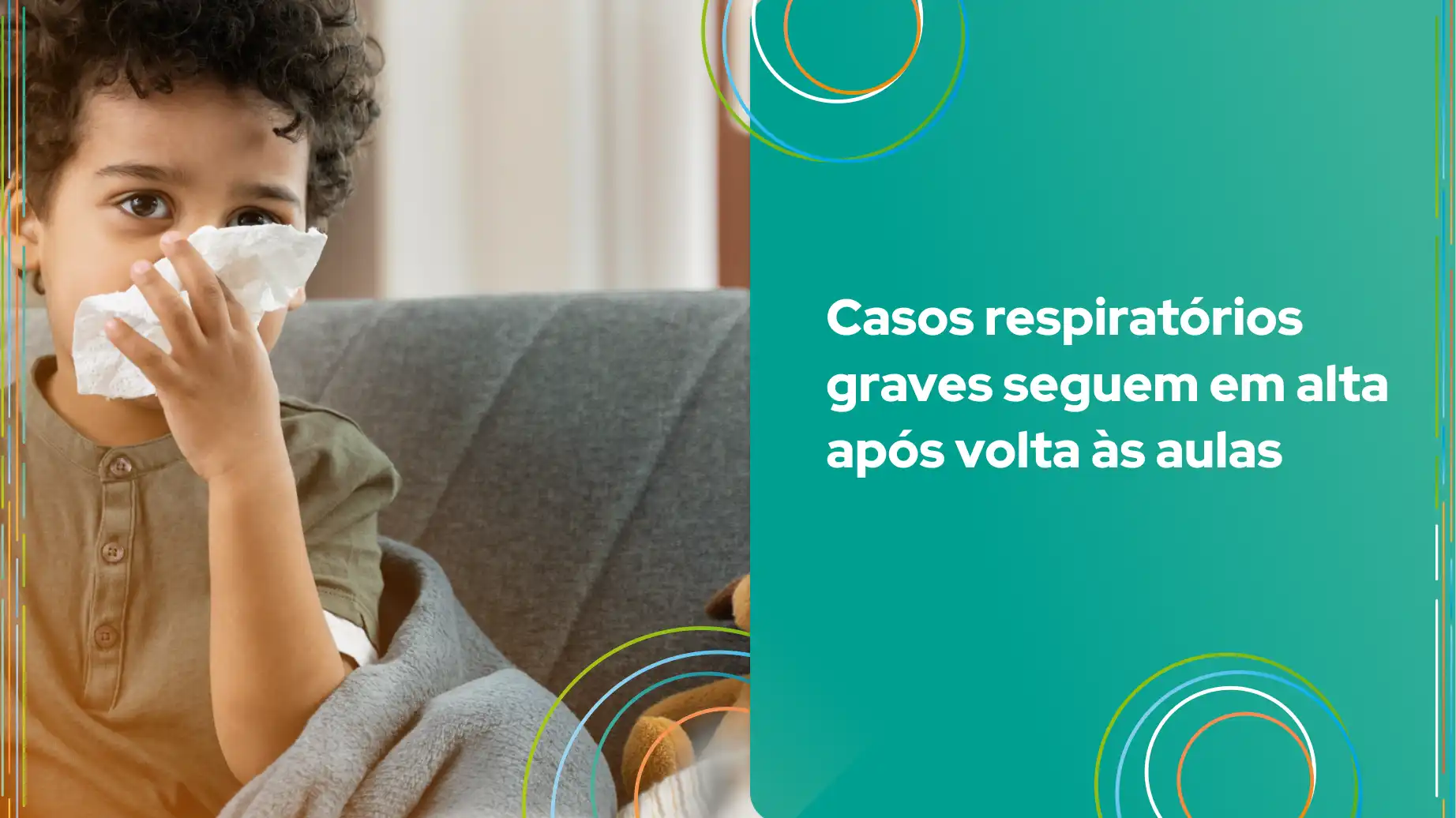 Criança com lenço de papel no rosto demonstra preocupação, relacionado ao aumento de casos respiratórios após o retorno às aulas.