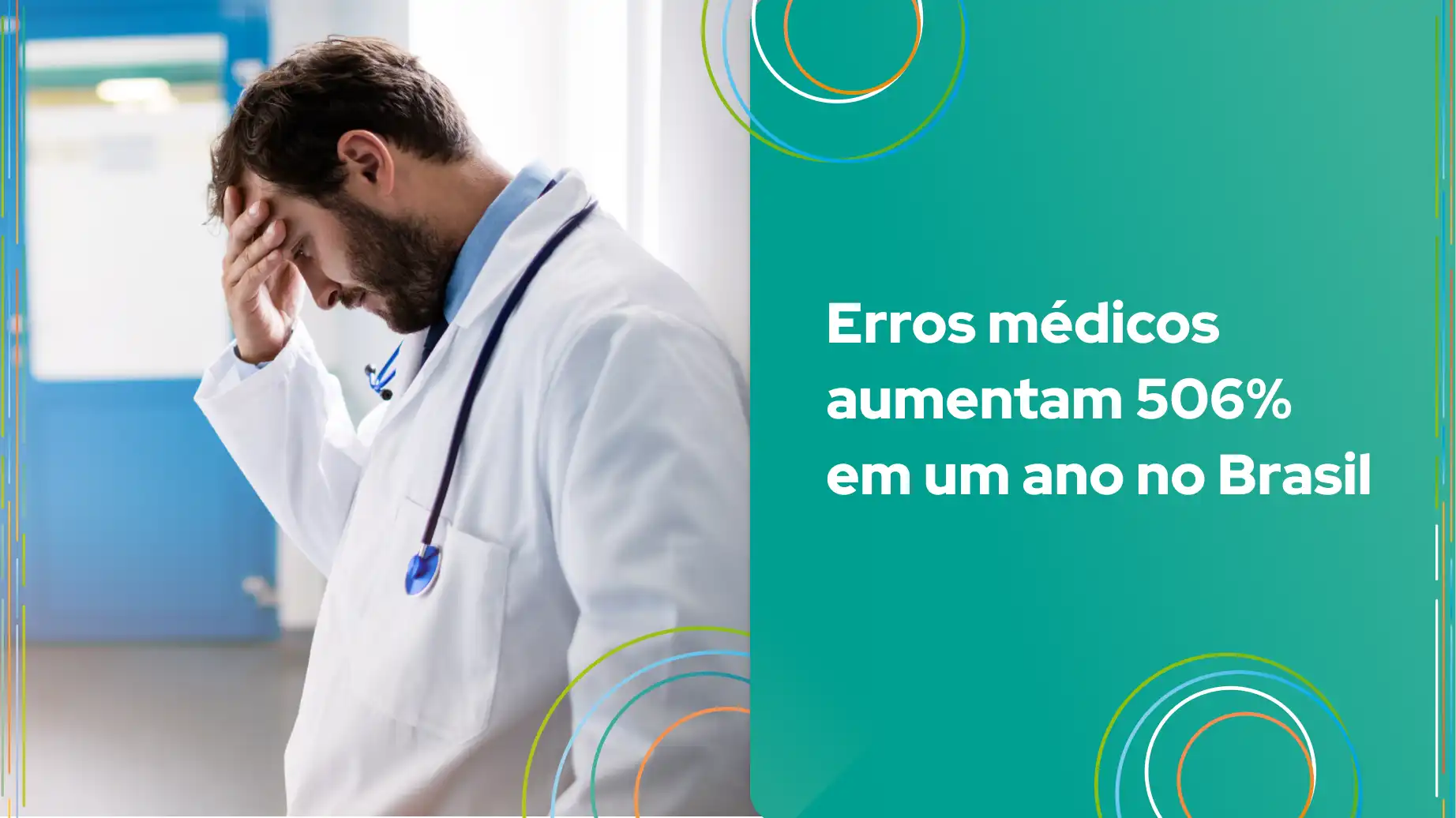 Um médico parece preocupado e estressado em um ambiente hospitalar, refletindo sobre o aumento alarmante de erros médicos no Brasil, que cresceram 506%.