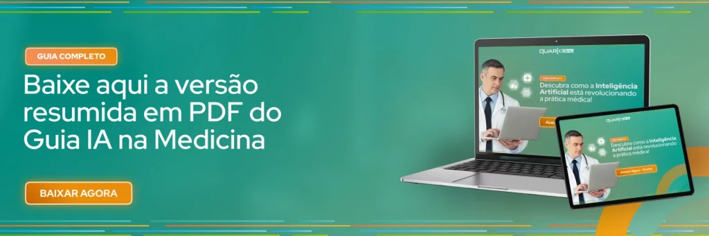 Imagem promocional para download do Guia IA na Medicina, apresentando um homem com dispositivos eletrônicos. Inclui o texto 'Baixe aqui a versão resumida em PDF'.